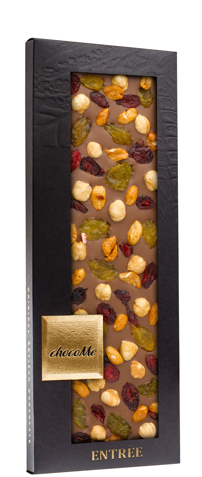 MG114 Mliječna čokolada sa zlatnim grožđicama, brusnicama, lješnjakom iz Pijemonta i kikirikijem prženim u medu