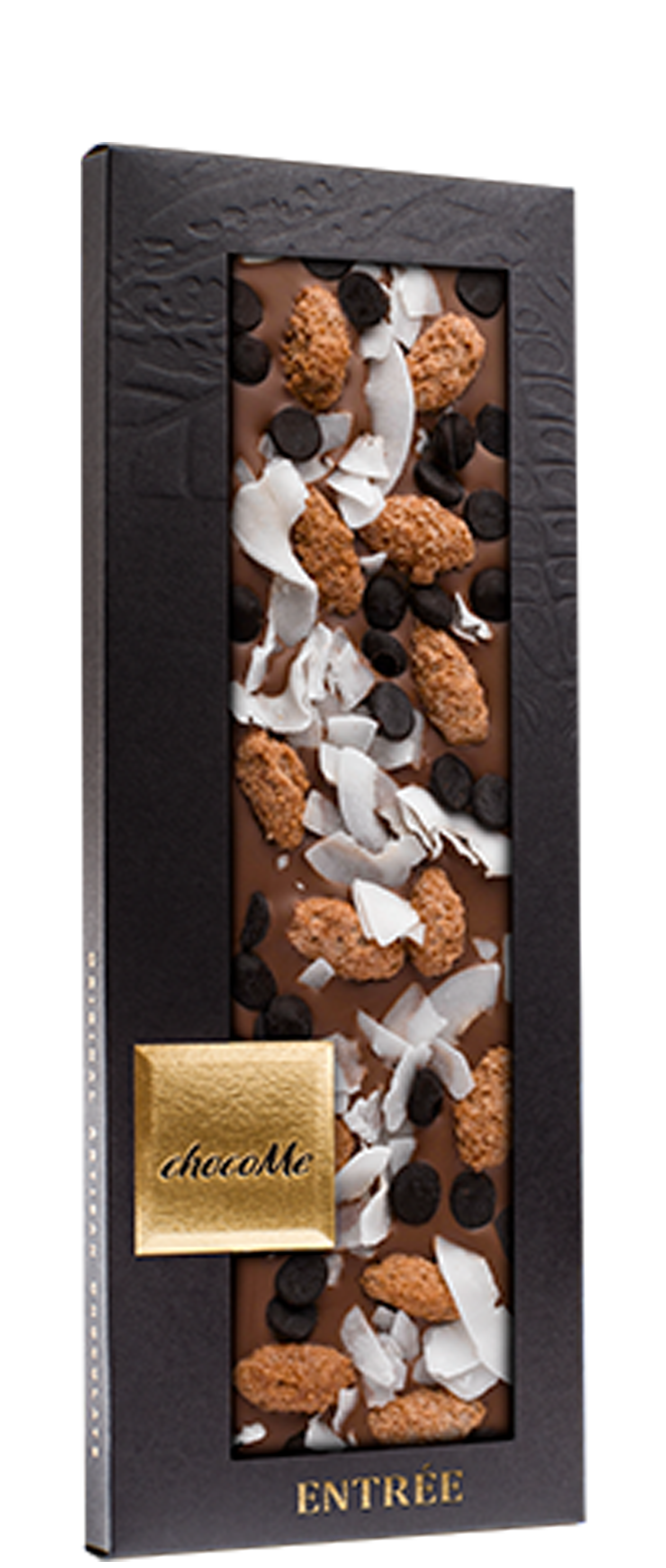 M110 Mliječna čokolada sa bademima prelivenim cimetom i šećerom, kokosovim čipsom i dražejama od crne čokolade